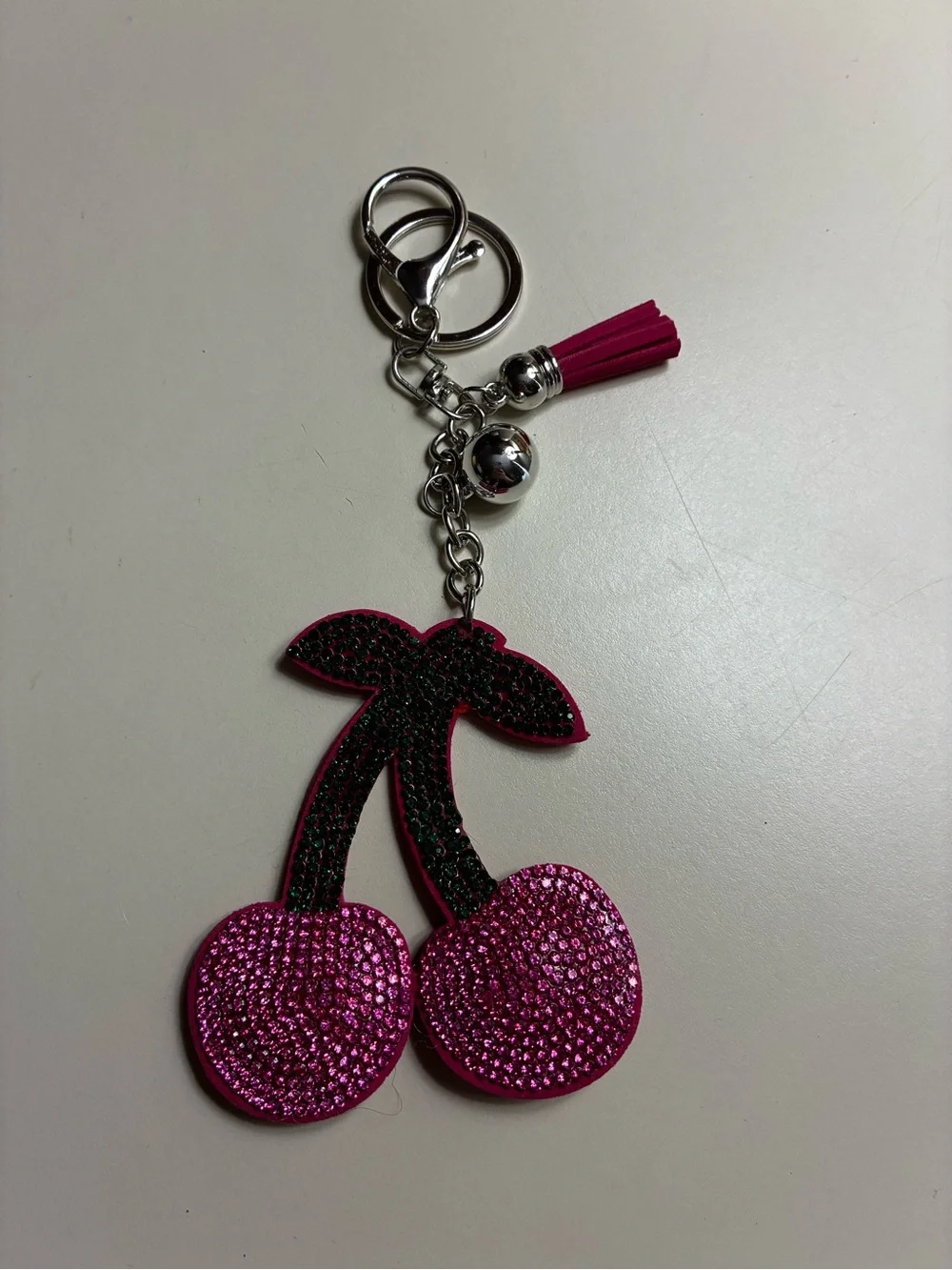 Cherry bag charm or key chain with bling and tassel & silver hardware